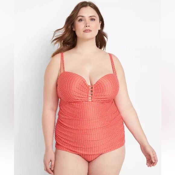 Lane Bryant Swim by Cacique Coral Dot Underwire Tankini Brief Set 38DD 14 - Picture 1 of 12